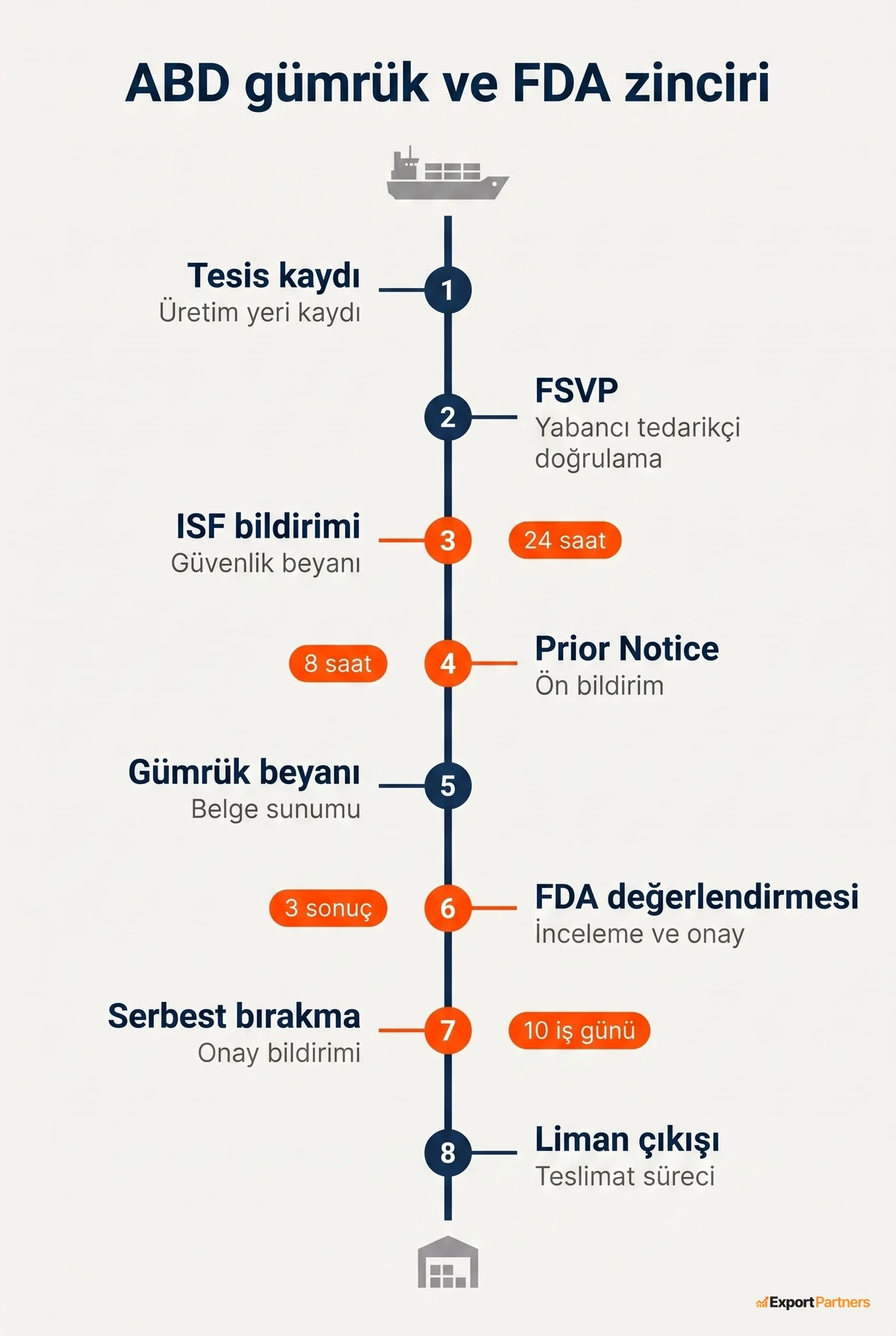 Gıda sevkiyatının gümrük ve FDA sürecindeki sekiz durağını gösteren dikey yol haritası.