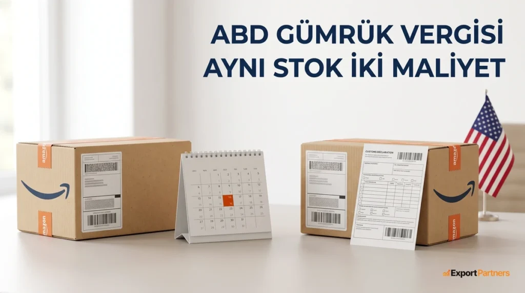 Masada soldan sağa iki özdeş Amazon kolisi ve aralarında tek günü turuncu işaretli bir takvim, sağdaki kolinin yanında alanları doldurulmuş gümrük beyannamesi, arkada küçük Amerikan bayrağı