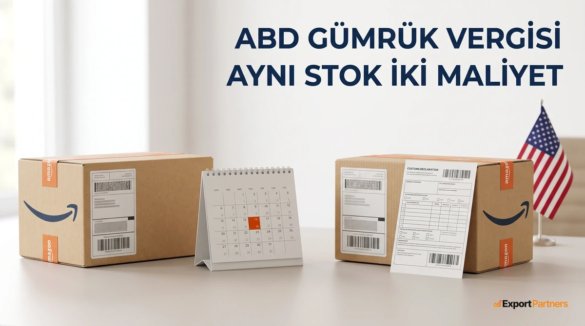 Masada soldan sağa iki özdeş Amazon kolisi ve aralarında tek günü turuncu işaretli bir takvim, sağdaki kolinin yanında alanları doldurulmuş gümrük beyannamesi, arkada küçük Amerikan bayrağı