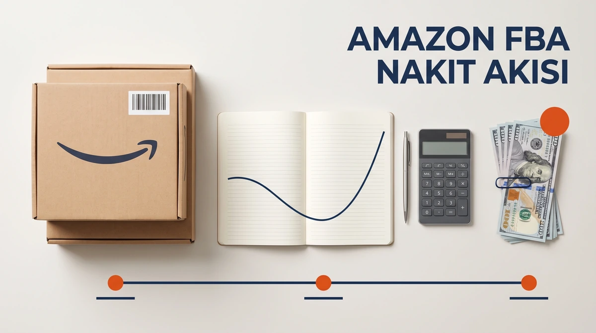 Acik gri masada soldan saga Amazon kargo kolileri, ortada acik ajandada ortasi cukur yapip sonra yukselen nakit akisi egrisi ve hesap makinesi, sagda atacla tutturulmus dolar destesi