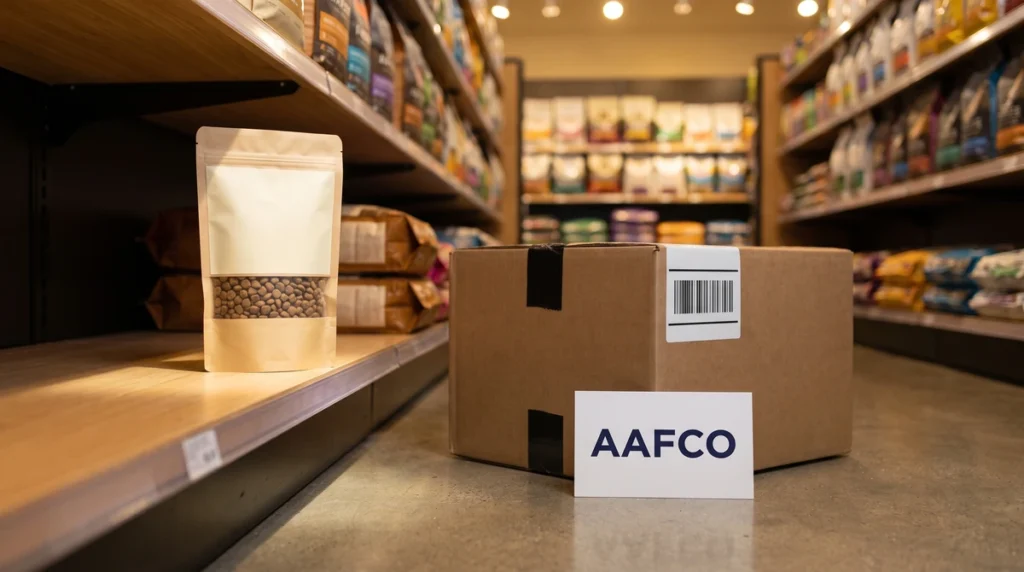 In the pet shop aisle in the U.S., a bag of pet food with a blank label on the shelf, a brown box next to it bearing a shipping label with a barcode, and a card marked "AAFCO"