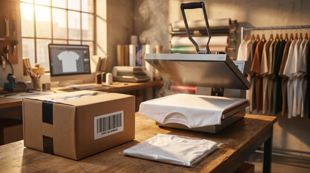 Baski atolyesinde acik isi presinin uzerinde bos beyaz tisort, on planda barkodunun altinda PRINT ON DEMAND yazan kargo etiketli koli ve poset icinde katlanmis tisort