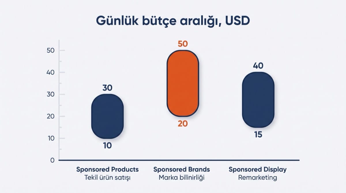 Amazon PPC kampanya turlerinin gunluk butce araliklarini karsilastiran sutun grafik, Sponsored Products 10 ile 30 dolar, Sponsored Brands 20 ile 50 dolar, Sponsored Display 15 ile 40 dolar