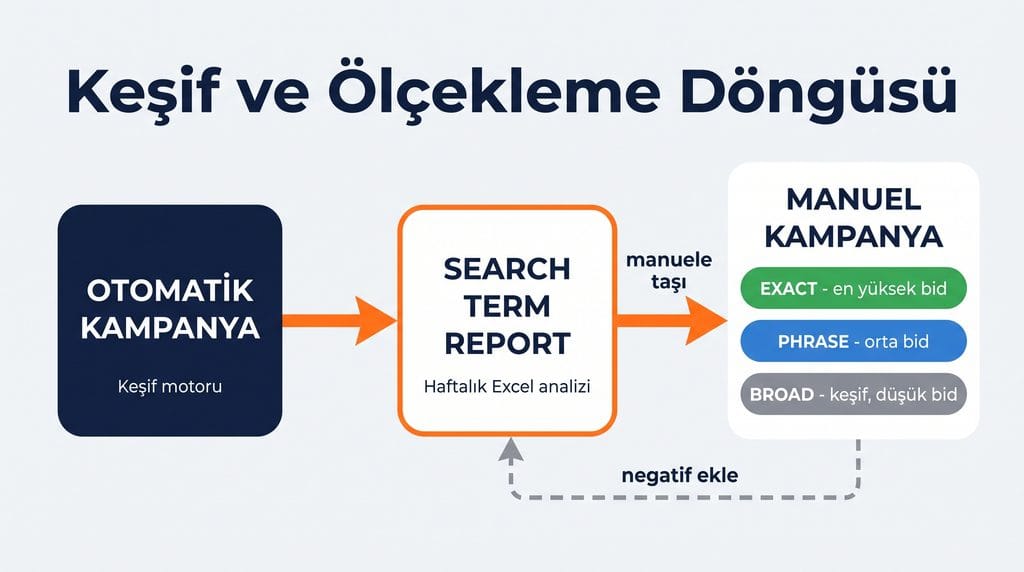 Amazon PPC kampanya yapısı: otomatik kampanyadan manuel exact kampanyaya döngü