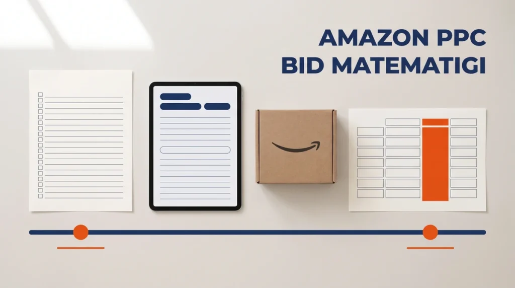 Acik gri masada solda anahtar kelime listesi ciktisi, ortada tablet ve Amazon kolisi, sagda tek sutunu turuncuyla vurgulanmis tablo ciktisi