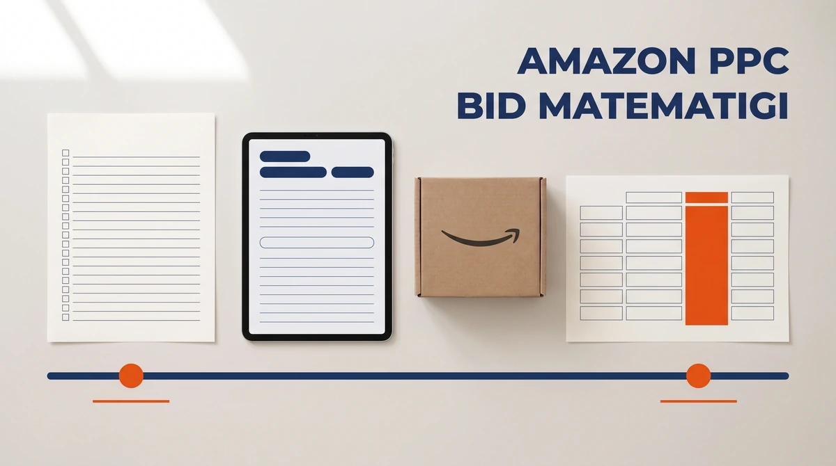 Acik gri masada solda anahtar kelime listesi ciktisi, ortada tablet ve Amazon kolisi, sagda tek sutunu turuncuyla vurgulanmis tablo ciktisi