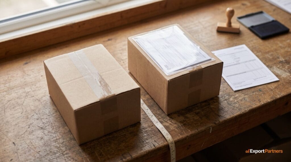 On the wooden counter, there are two cardboard boxes of the same size; on top of the one on the right is a declaration form in a clear plastic bag, with a second copy next to it; below is a measuring tape; and in the corner is a seal and a stamp.