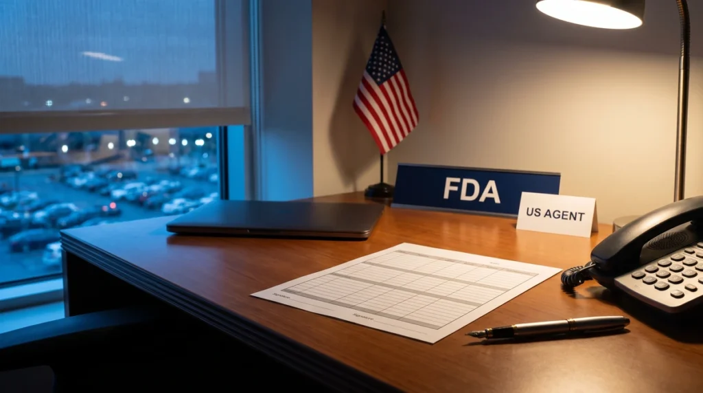 In the evening light, on a U.S. office desk: an unsigned registration form and a fountain pen with the cap off; in the background, a navy blue FDA desk sign, a "U.S. AGENT" card, and the U.S. flag