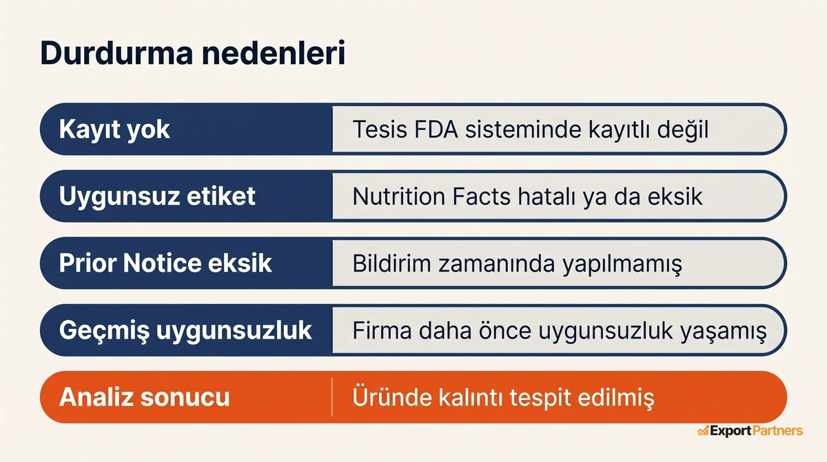 Bes durdurma nedeni satir satir listelenmis kart, her satirda neden ve kisa aciklama