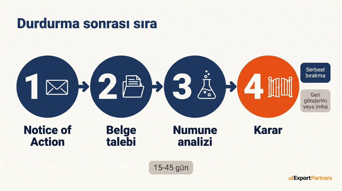Dort numarali adim ve iki sonuc kutusu, bildirimden serbest birakmaya uzanan sira, sure etiketi 15-45 gun