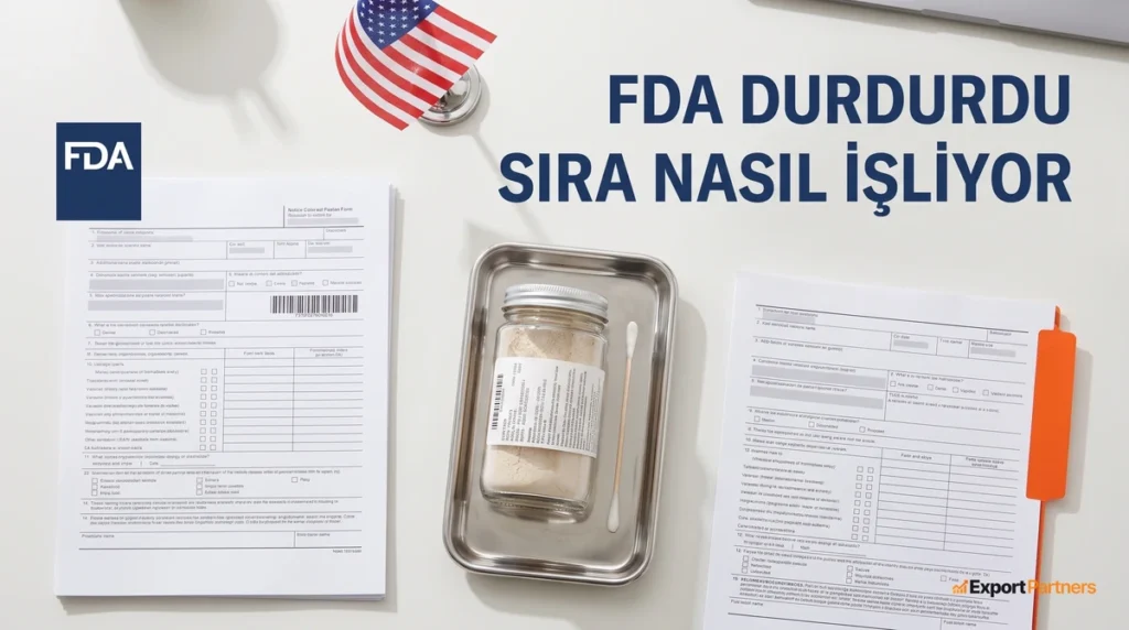 Acik gri masada soldan saga uc durak, alanlari doldurulmus bildirim formu, numune kavanozu ve serbest birakma yazisi, formun kosesinde lacivert FDA kutusu, arkada kucuk Amerikan bayragi