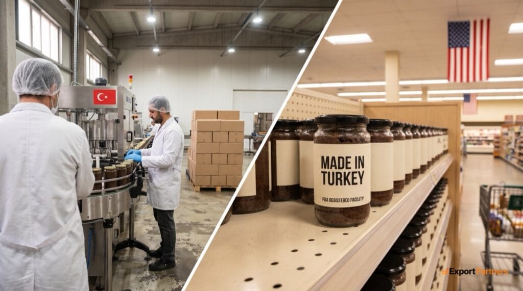 On the left, a food packaging line in Turkey; on the right, a shelf in a U.S. supermarket; a diagonal line separating the two sides
