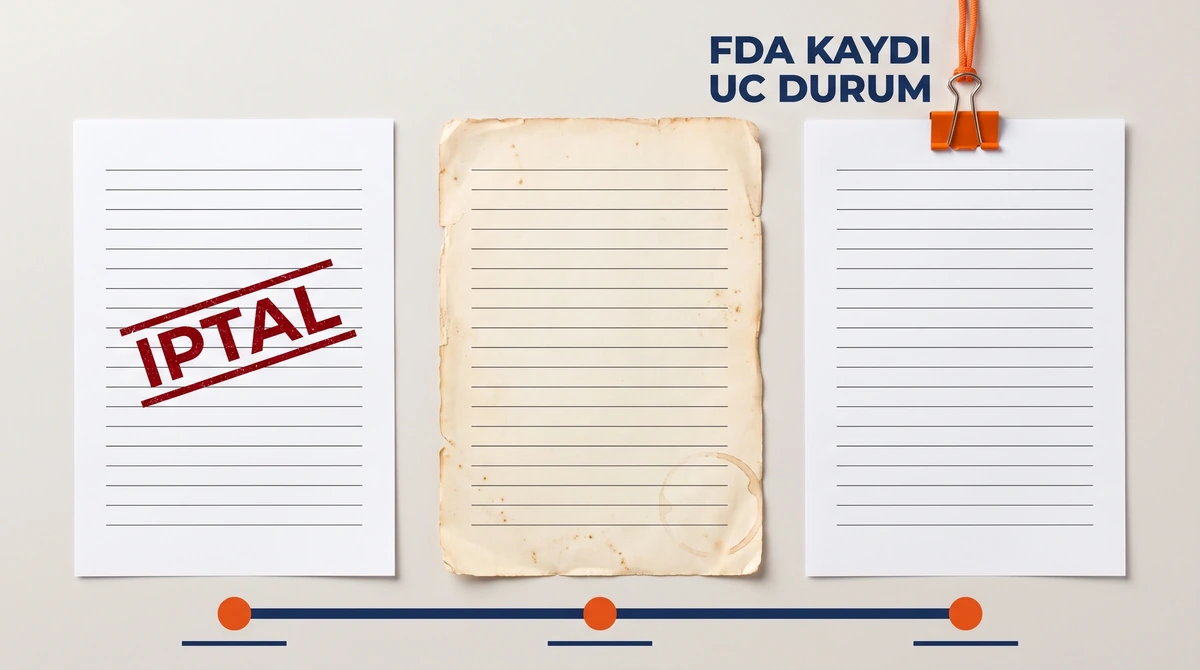 Three copies of the same FDA registration document lying side by side on a light gray table; the one on the left bears a red "CANCELED" stamp, the one in the middle is yellowed and stained, and the one on the right is held in place by an orange paper clip