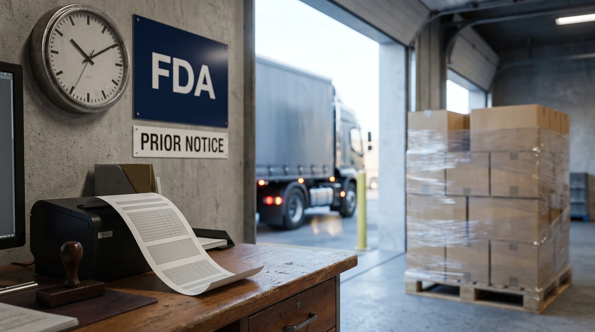 Sevkiyat masasinda termal yazicidan cikan bildirim ciktisi ve damga, duvarda buyuk saat, lacivert FDA tabelasi ve PRIOR NOTICE plakasi, kapida bekleyen streclenmis palet