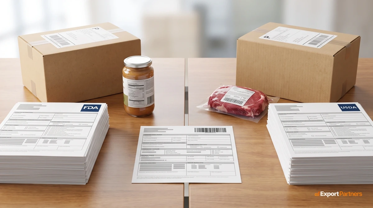 On the wooden counter, two halves separated down the middle: on the left, a shipping box, a stack of documents with an FDA seal, and a labeled glass jar; on the right, the matching half of the same box, a stack of documents with a USDA seal, and vacuum-sealed red meat; in the center, a single barcoded shipping document for both.