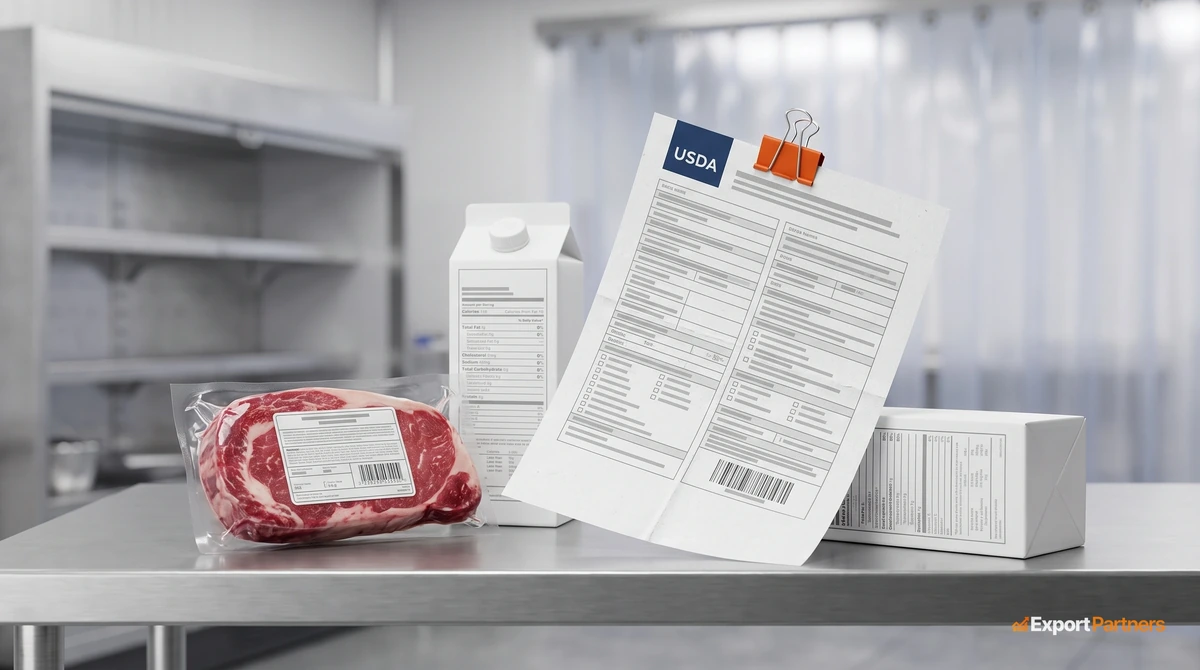 Vacuum-packed red meat on a cold room counter, a milk carton with a nutrition facts label on it, and a form leaning against it with its fields filled out; in the corner of the form, the words “USDA” in a navy blue box and an orange paperclip holding the page in place; steel cold room shelves in the background