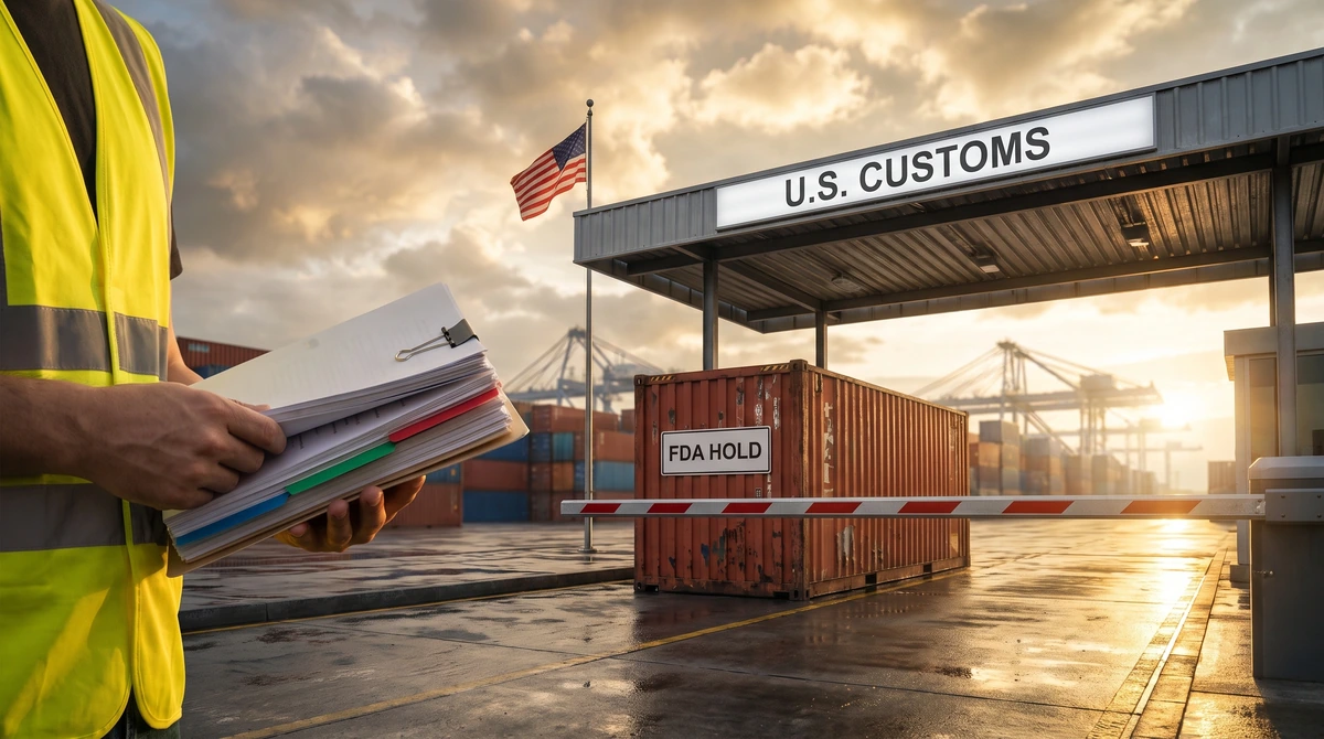Limanda elde tutulan sekmeli ve eksiksiz evrak dosyasi, arkada indirilmis kirmizi beyaz bariyer kolu, ustte U.S. CUSTOMS tabelasi ve ABD bayragi