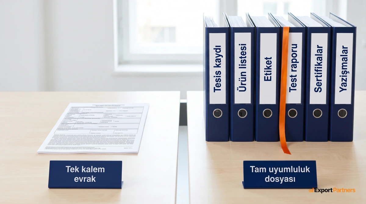 Aydinlik masada solda tek sayfa ve isimligi, sagda alti sirtli klasor seti ve isimligi, ikisi karsilastiriliyor