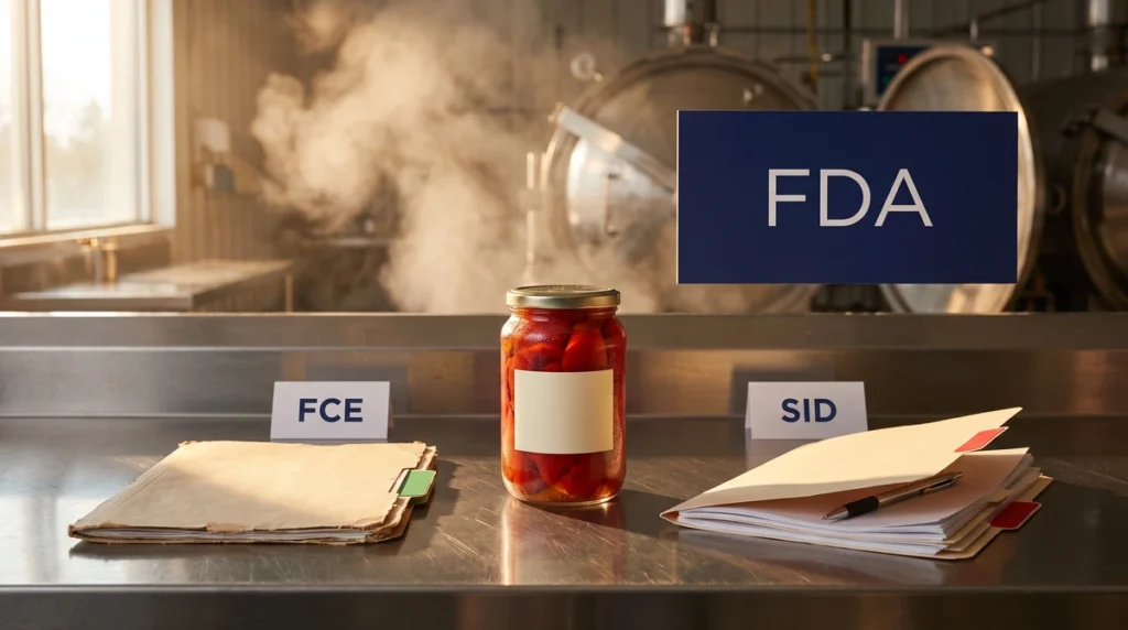 Konserve fabrikasinda celik tezgahta bir kavanoz, solunda kapali sagsinda acik kayit dosyasi, arkada lacivert FDA panosu, tezgahta FCE ve SID kartlari