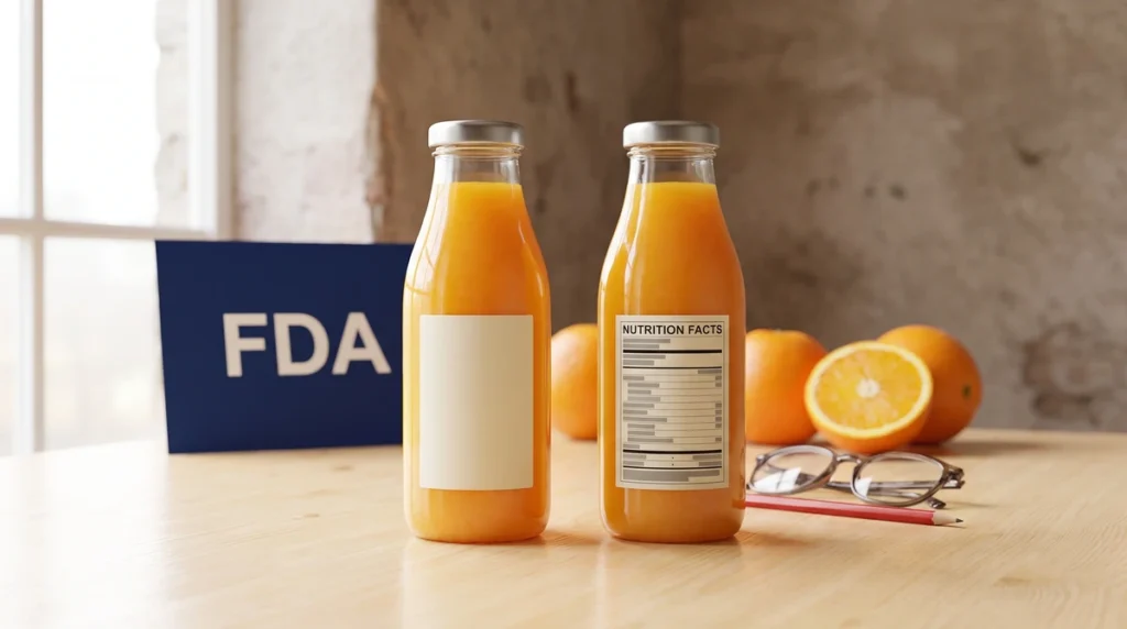 Yan yana iki ayni meyve suyu sisesi, soldaki bos on etiketiyle, sagdaki NUTRITION FACTS baslikli arka paneliyle, arkada lacivert FDA karti ve gozluk