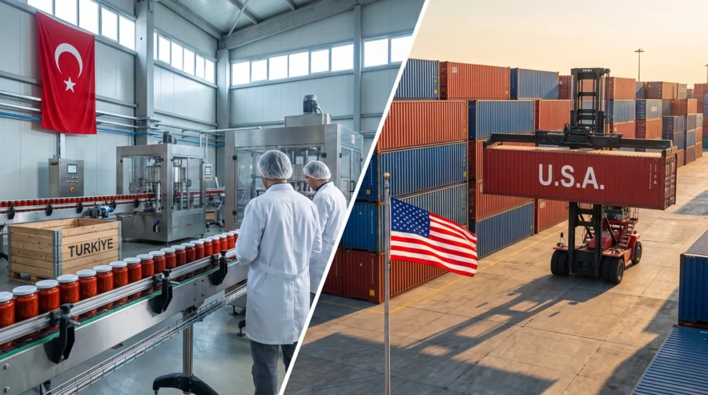 Diyagonal ile ikiye bolunmus kare: solda Turk bayragi altinda dolum hatti ve TURKIYE yazili sandik, sagda ABD konteyner terminalinde kaldirilan U.S.A. yazili konteyner