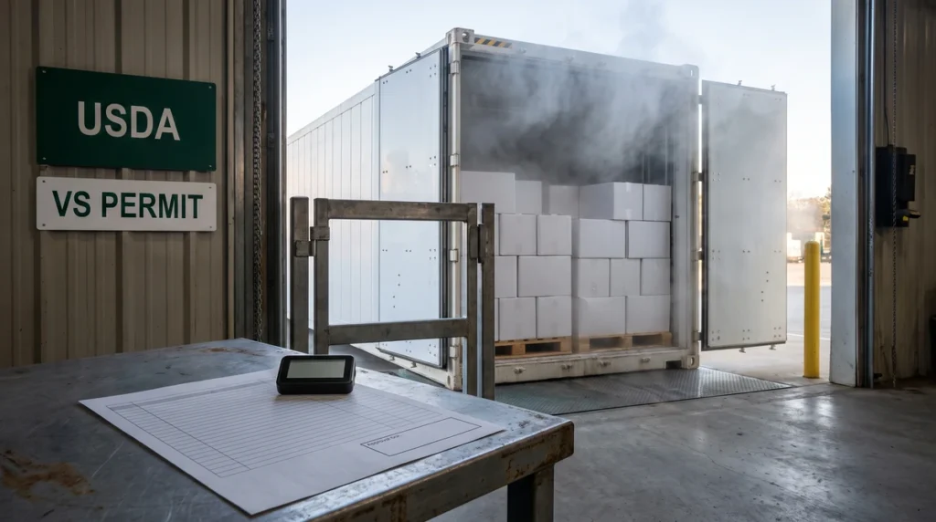 A cold-chain container with its doors open on the dock, steam billowing out; an empty permit form on the table in front of it; a green USDA sign and a "VS PERMIT" plaque on the wall