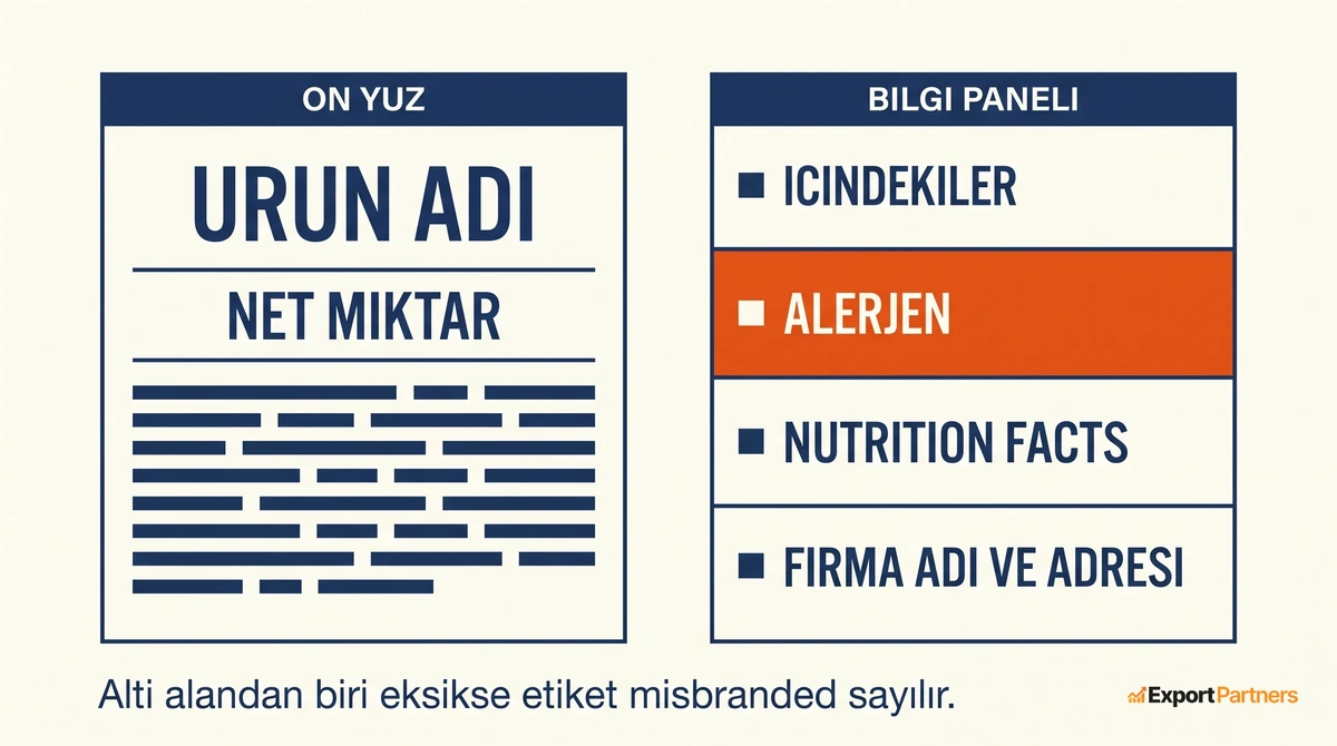 ABD gıda etiketinde altı zorunlu alanın yerleşimi: solda ön yüzde ürün adı ve net miktar, sağda bilgi panelinde içindekiler listesi, alerjen bildirimi, Nutrition Facts tablosu ve firma adı ile adresi