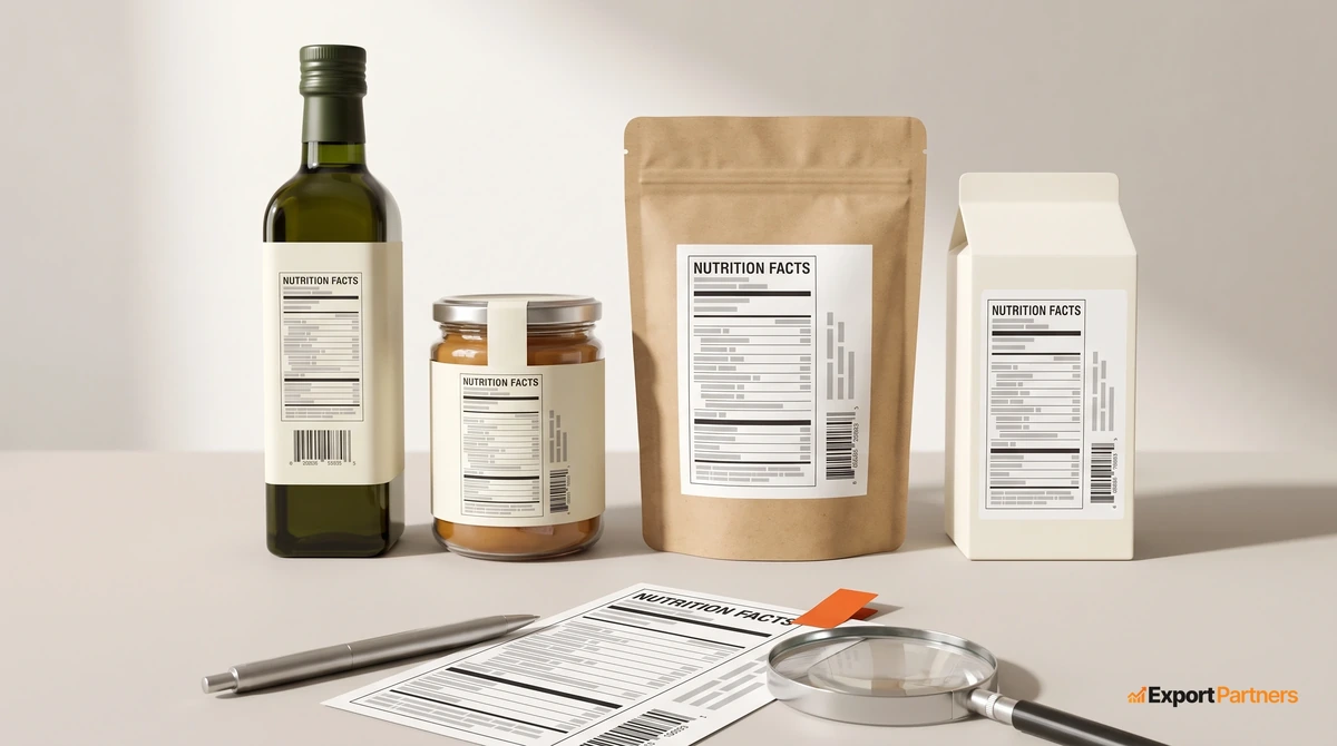 Açık gri bir masada yan yana duran dört ambalajlı ürün: zeytinyağı şişesi, cam kavanoz, kraft doypack ve takviye kutusu, her birinin arka yüzünde Nutrition Facts paneli görünüyor, önlerinde bir etiket provası, kalem ve büyüteç duruyor