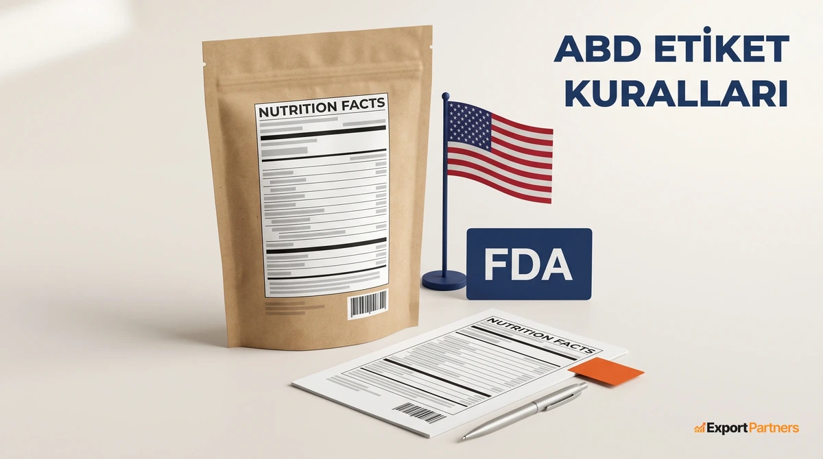 Kraft bir gıda ambalajının arka yüzünde Nutrition Facts paneli, önünde masada duran aynı panelin baskı provası ve turuncu bir kağıt sekmesi, arkada küçük bir ABD bayrağı ile lacivert FDA kartı