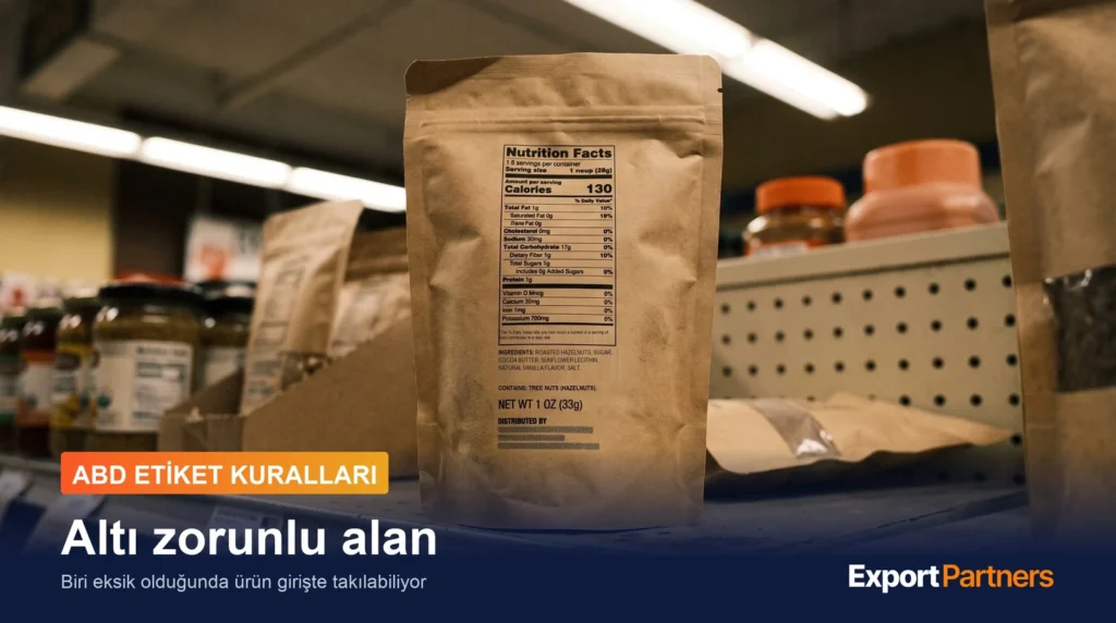 Amerika'daki bir market rafında duran kraft gıda ambalajının arka yüzü: Nutrition Facts paneli, içindekiler, alerjen ve net miktar satırları, raf kenarında dolarlı fiyat etiketi