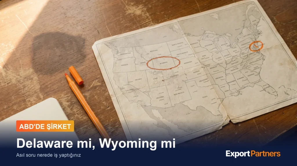 Masada duran basılı Amerika haritasında turuncu kalemle daire içine alınmış iki eyalet: batıda Wyoming, doğu kıyısında Delaware; yanında turuncu keçeli kalem