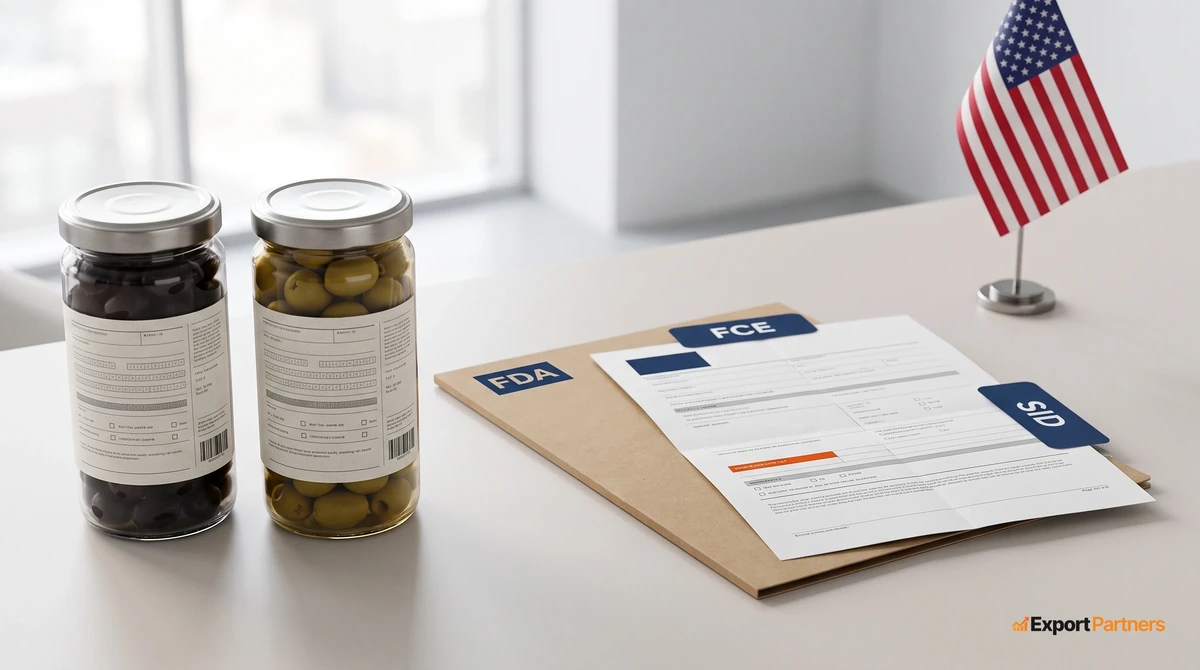 ABD'ye zeytin ihracatında iki kayıt katmanı: önde salamura siyah ve yeşil zeytin kavanozları, arkada FDA tesis kaydı dosyasının üstüne konmuş FCE ve SID etiketli işlem bildirimi formu, yanda küçük ABD bayrağı