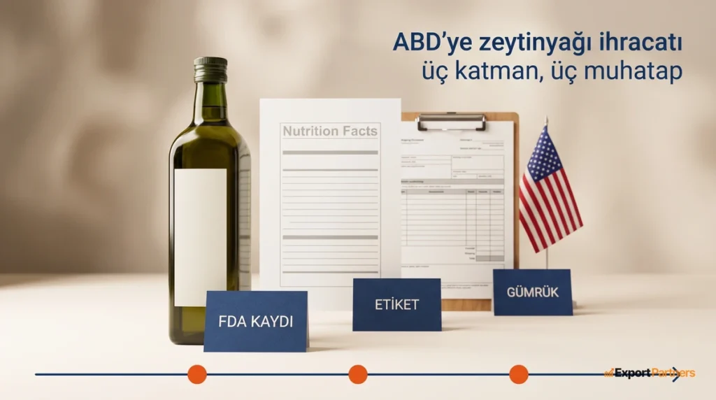 ABD'ye zeytinyağı ihracatında üç katman: önde FDA kaydını temsil eden zeytinyağı şişesi, ortada Nutrition Facts panelli etiket sayfası, arkada ABD bayrağıyla birlikte duran gümrük evrakı