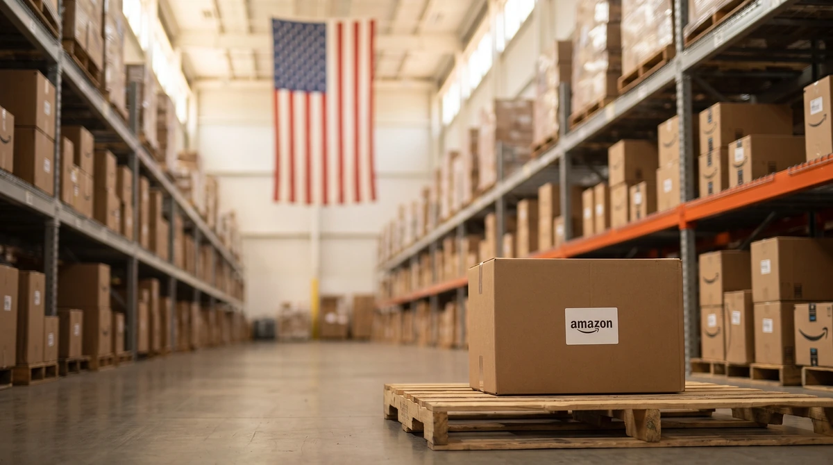 Amazon ABD deposunda raflara dizilmiş kolilerin önünde amazon yazılı bir koli; arka planda odak dışı Amerika bayrağı