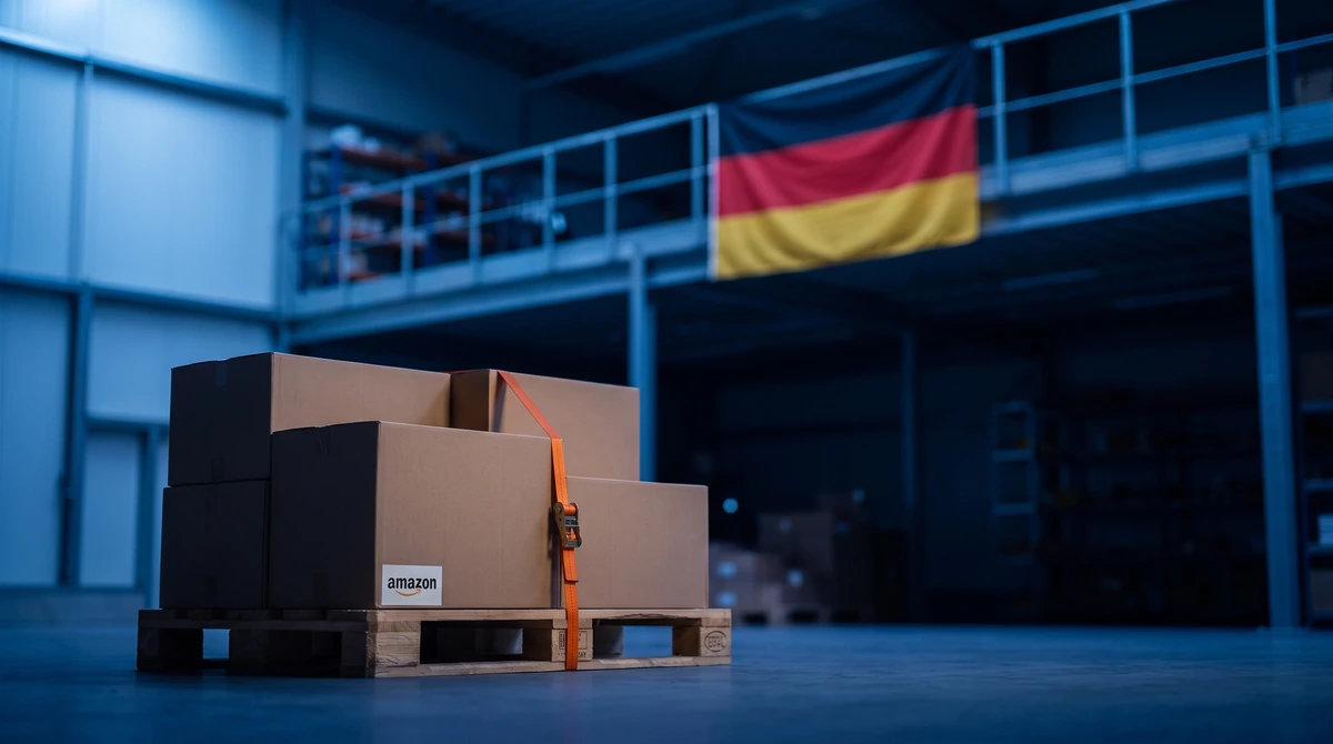 Almanya'da bir lojistik deposunda koliler ve bir palet; ön planda amazon yazılı koli, arka planda odak dışı Almanya bayrağı
