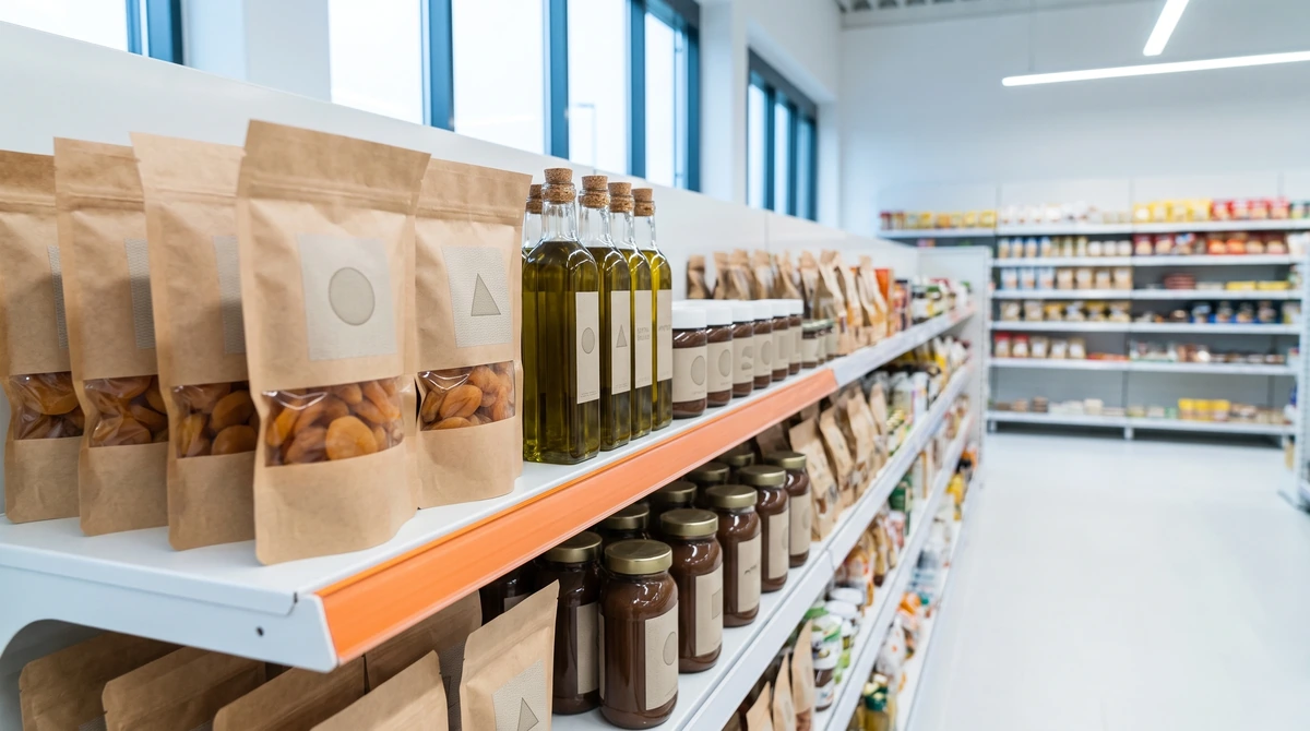 Almanya'da bir market rafında kuru meyve paketleri ve zeytinyağı şişeleri; sade etiketler, arka planda odak dışı raflar