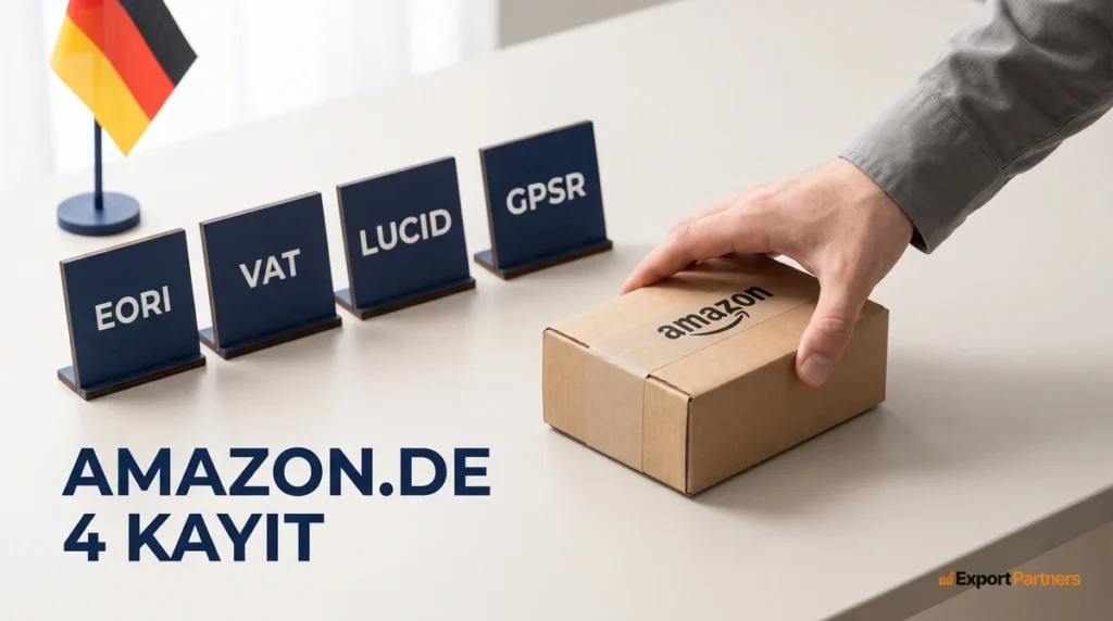 Açık gri masada soldan sağa dizilmiş 4 lacivert plaka, üzerlerinde EORI, VAT, LUCID ve GPSR yazıyor; sağdan giren bir el, üzerinde amazon bandı olan küçük bir paketi sıranın sonuna koyuyor, köşede küçük bir Almanya bayrağı flaması, sol altta AMAZON.DE ve 4 KAYIT yazısı