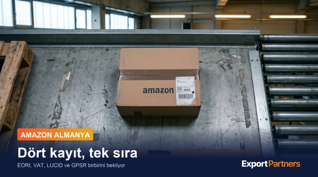 Almanya'da bir dağıtım deposunun zemininde duran kargo kolisi, üzerinde sade yazıyla amazon ibaresi, yanında Almanya bayrağı çıkartması