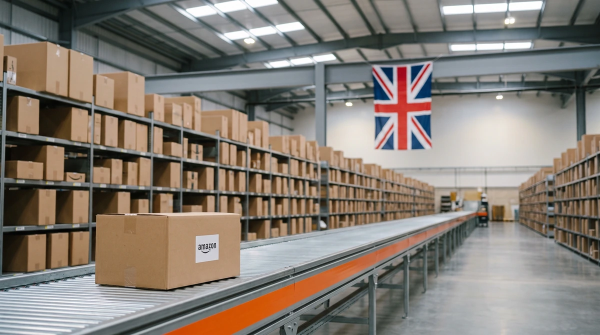İngiltere'de bir Amazon deposunda kolilerle dolu raflar; ön planda amazon yazılı koli, arka planda odak dışı Birleşik Krallık bayrağı