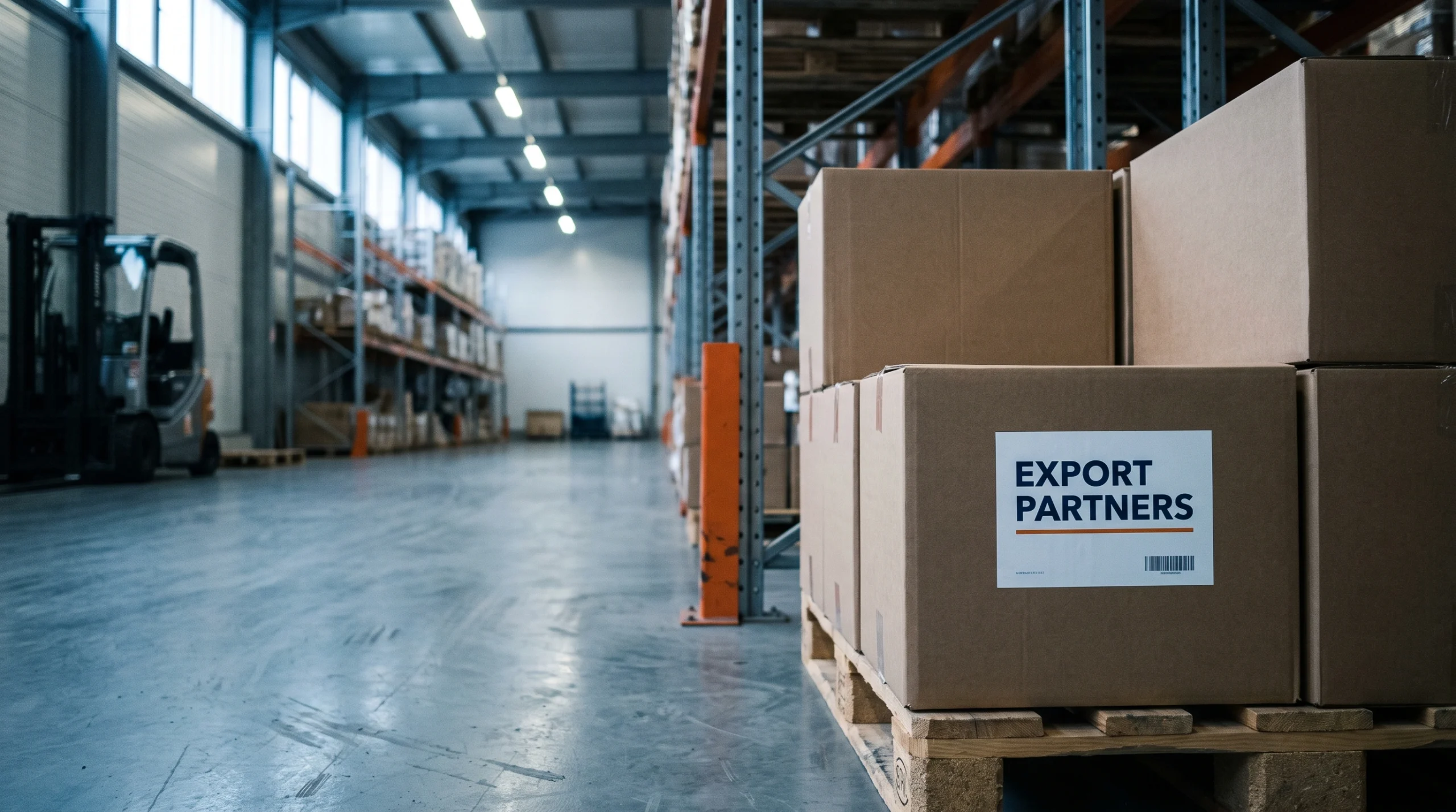 Avrupa'da bir gümrük antreposunda raflara yerleştirilmiş Export Partners etiketli paletler