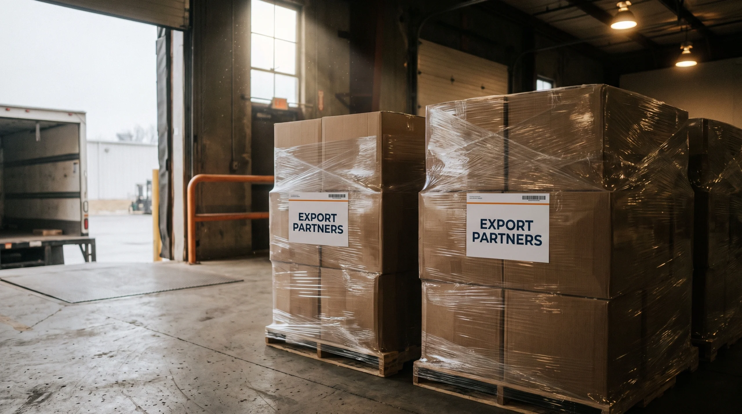 Depo kabul rampasında Export Partners etiketli kolilerden oluşan streçlenmiş paletler, yanında sevkiyat evrakı