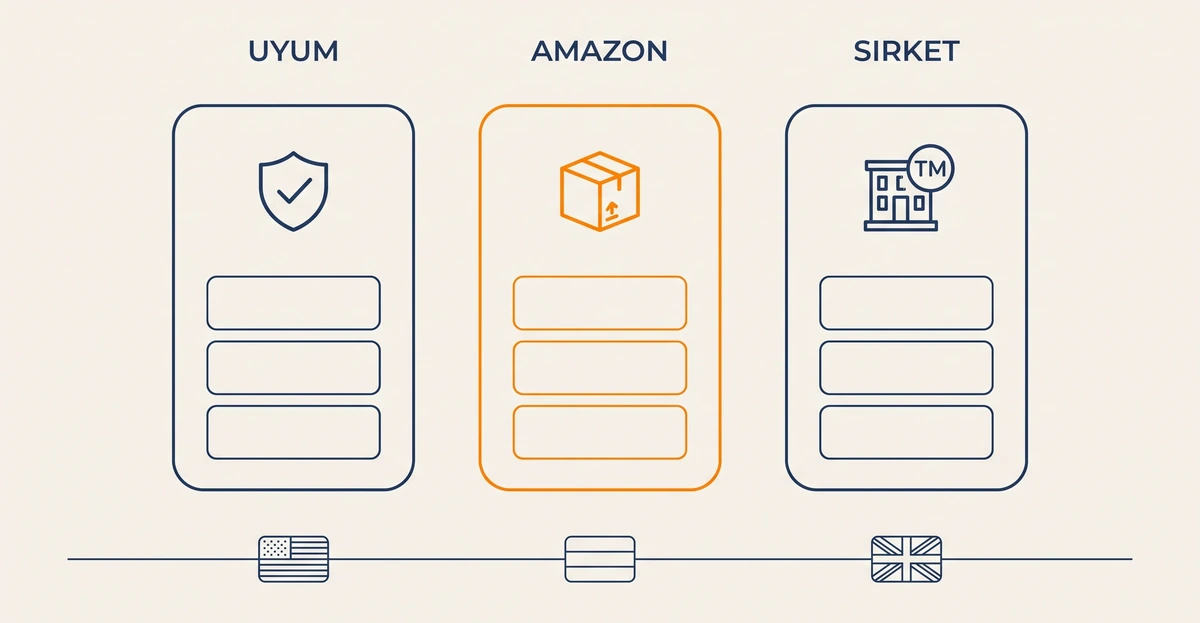 Üç kolonlu paket haritası: uyum, Amazon, şirket ve marka; altta ABD, Almanya ve Birleşik Krallık bayrakları