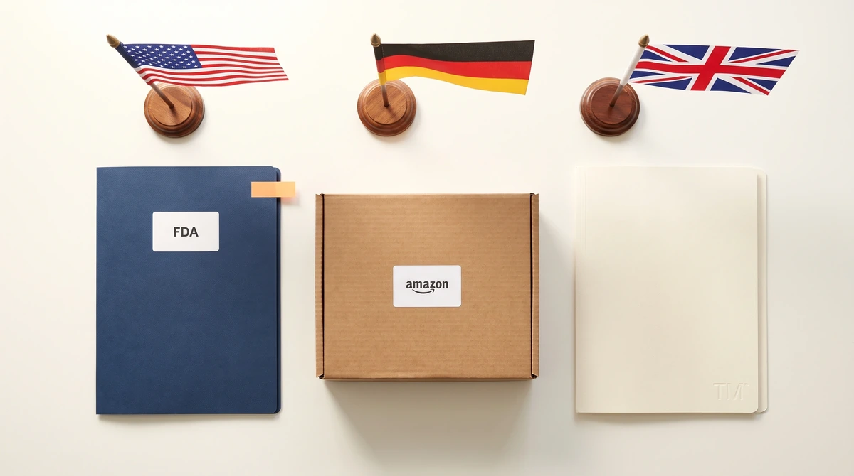 Masada yan yana üç kutu: FDA ibareli klasör, amazon yazılı koli ve marka dosyası; yanlarında küçük ABD, Almanya ve Birleşik Krallık bayrakları