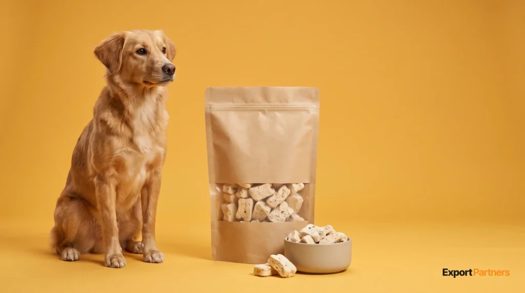 Kurutulmuş köpek ödülü paketinin yanında oturan bir köpek ve önünde ödül parçalarının bulunduğu seramik kase