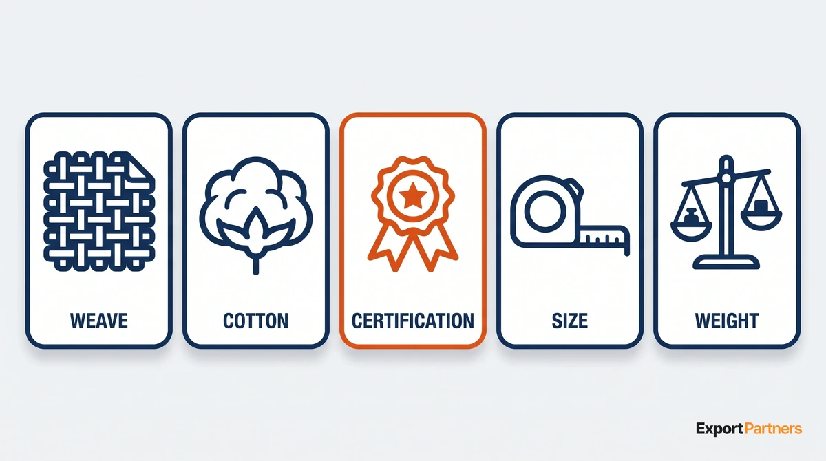 Five cards in a row with bold icons and labels: WEAVE with a fabric swatch, COTTON with a cotton boll, CERTIFICATION with an orange ribbon badge, SIZE with a tape measure, WEIGHT with a balance scale