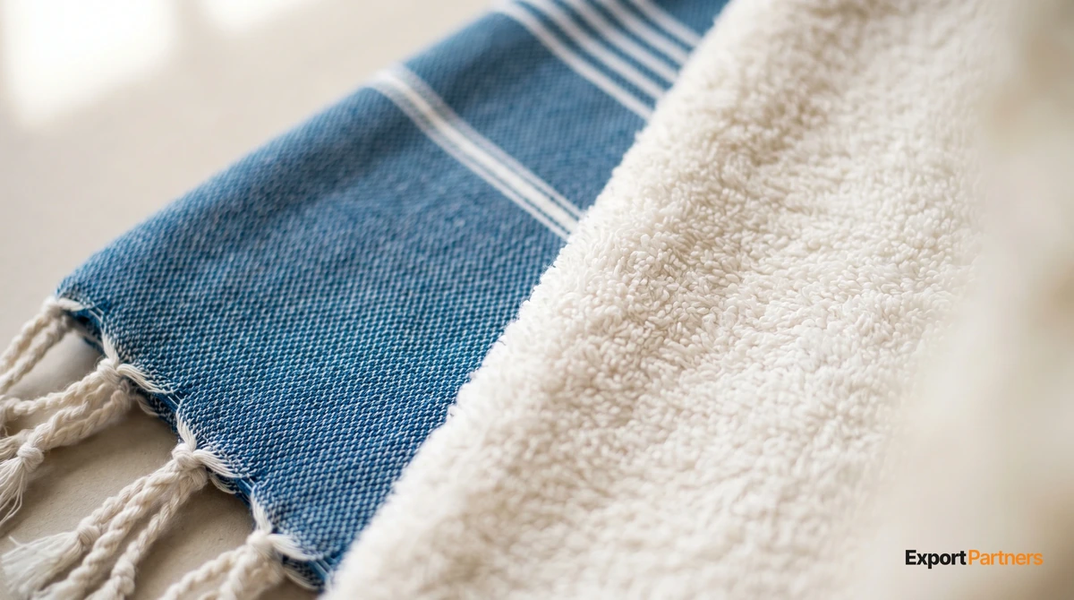 Close-up of two towel edges side by side: a flat-woven ocean blue Turkish peshtemal with white stripes and knotted fringe on the left, a thick off-white terry towel with raised cotton loops on the right