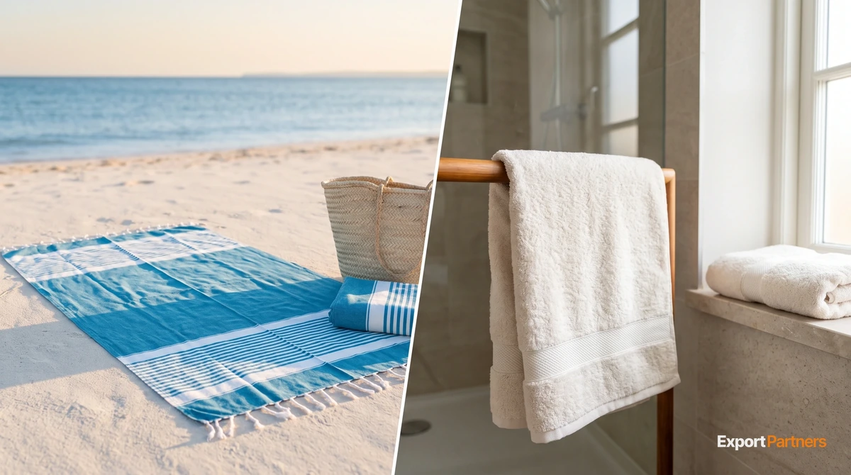 Split photo: on the left a blue and white striped flat-woven Turkish towel spread on beach sand beside a straw bag with the sea behind; on the right an off-white terry towel hanging on a wooden rail in a bright bathroom with folded towels on a stone shelf