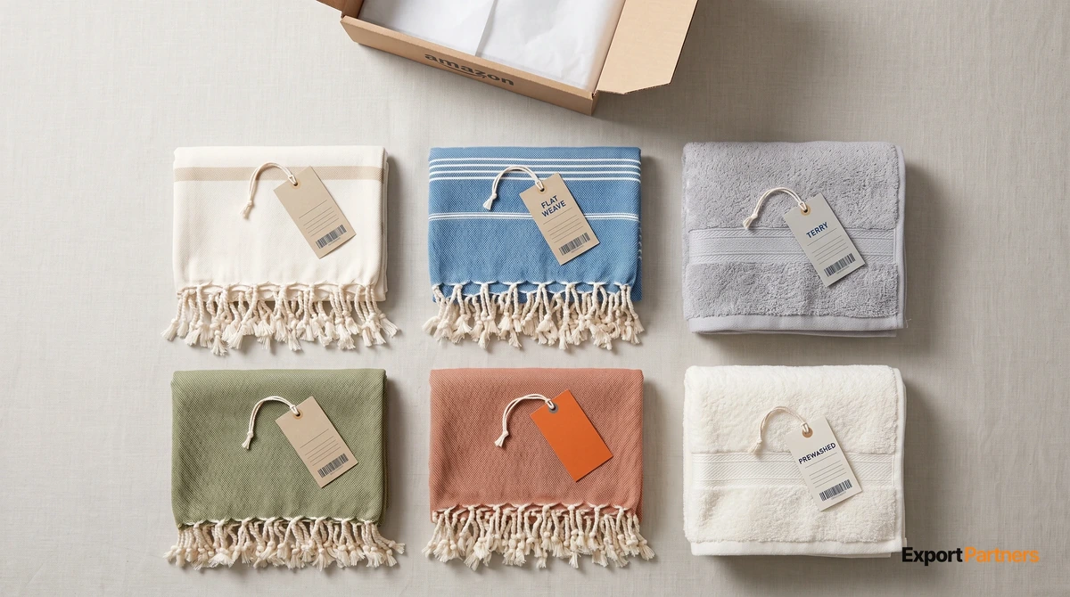 Six folded Turkish towels laid flat in two rows next to an opened Amazon box: four flat-woven peshtemals with knotted fringe in off-white, ocean blue, olive and terracotta and two plush terry towels in grey and white, each with a kraft hang tag; three tags read FLAT WEAVE, TERRY and PREWASHED and one tag is orange