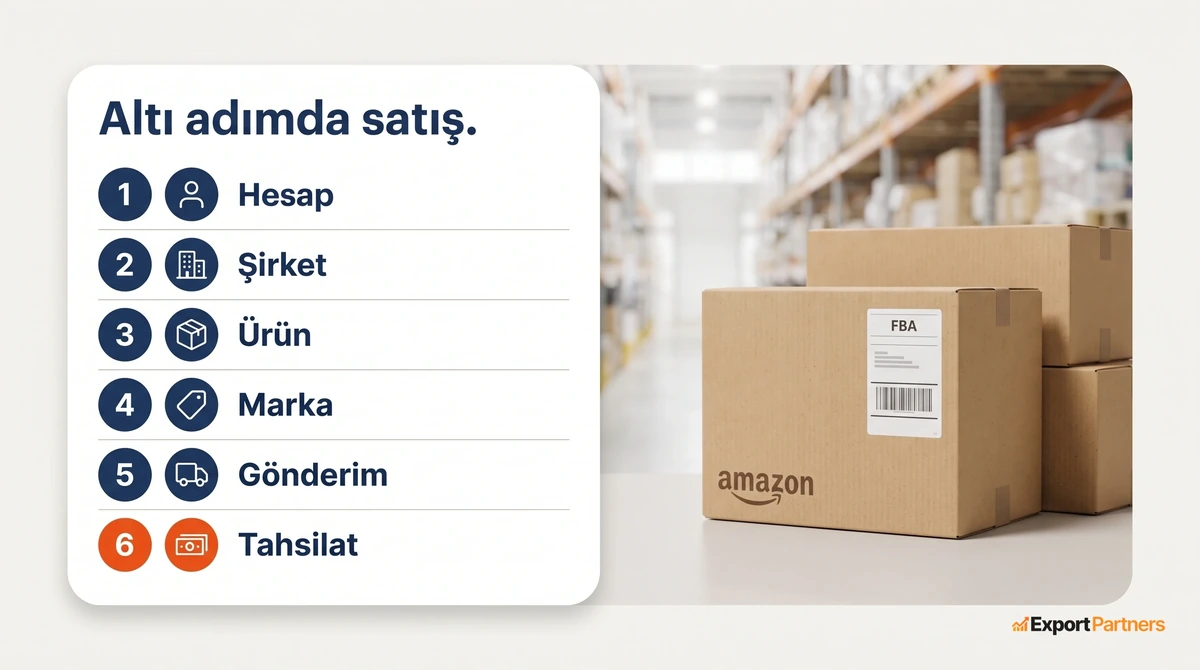 Türkiye'den Amazon'da satışın altı adımı beyaz kart üzerinde numaralı liste halinde, hesap, şirket, ürün, marka, gönderim ve tahsilat, sağda FBA etiketli Amazon kolileri