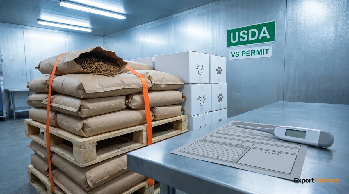Soğuk hava deposunda paletlerde pet food çuvalları ve dondurulmuş et kolileri; önde masada USDA ithalat izni belgesi ve termometre, duvarda düz yazıyla USDA tabelası